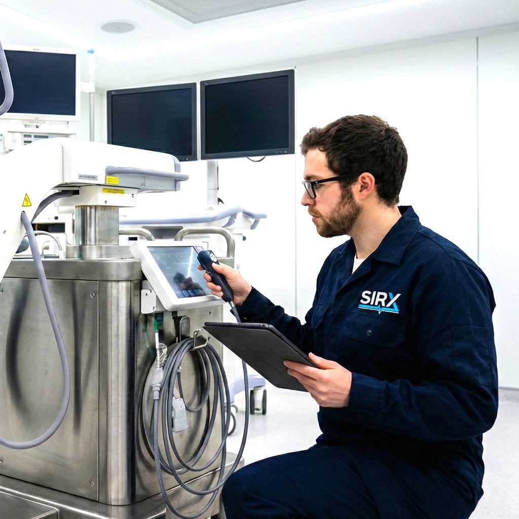 Técnico de Sirx diagnosticando un equipo médico con tablet en un pabellón